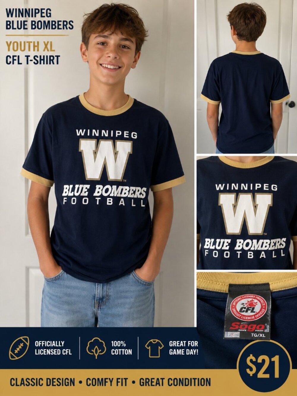 🏈 Winnipeg Blue Bombers Youth XL CFL T-Shirt – Sogo Sports